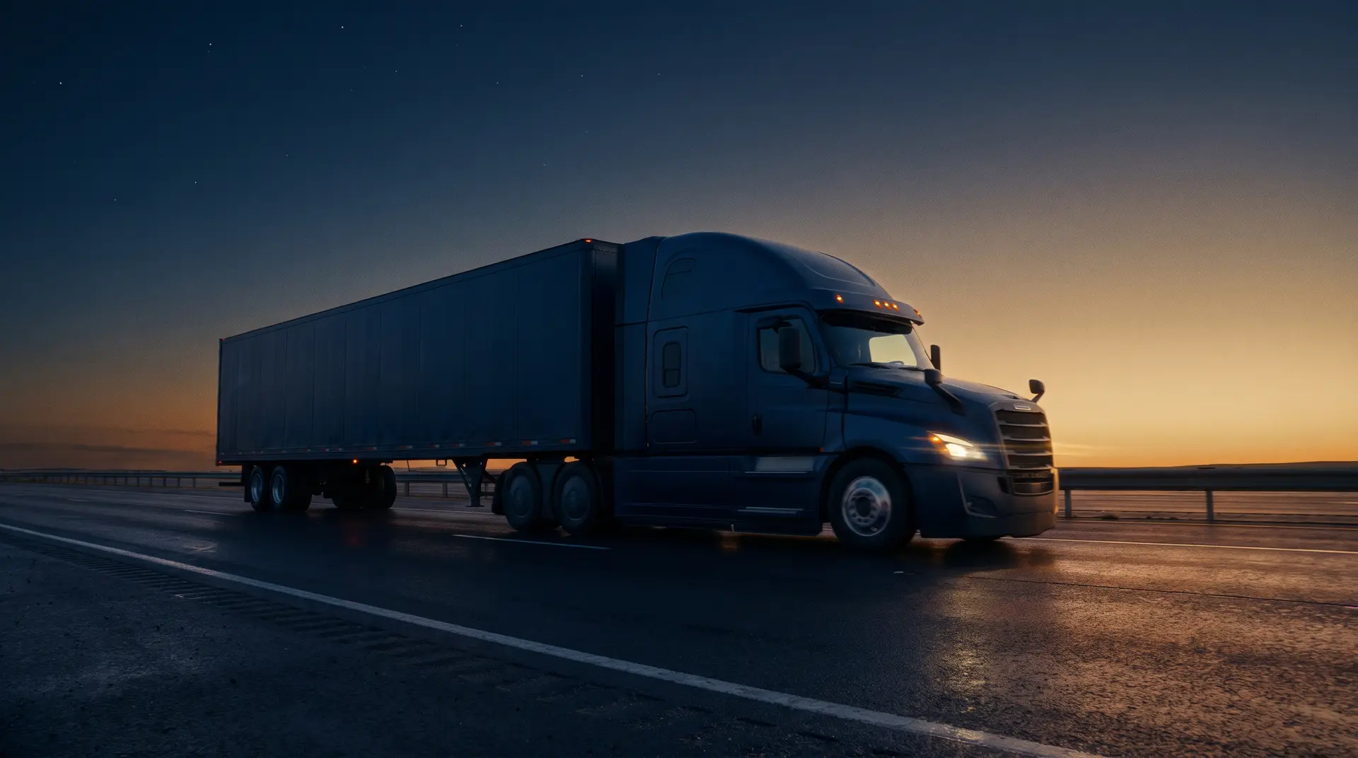 Unmarked semi truck driving an empty interstate at dusk under a deep navy sky